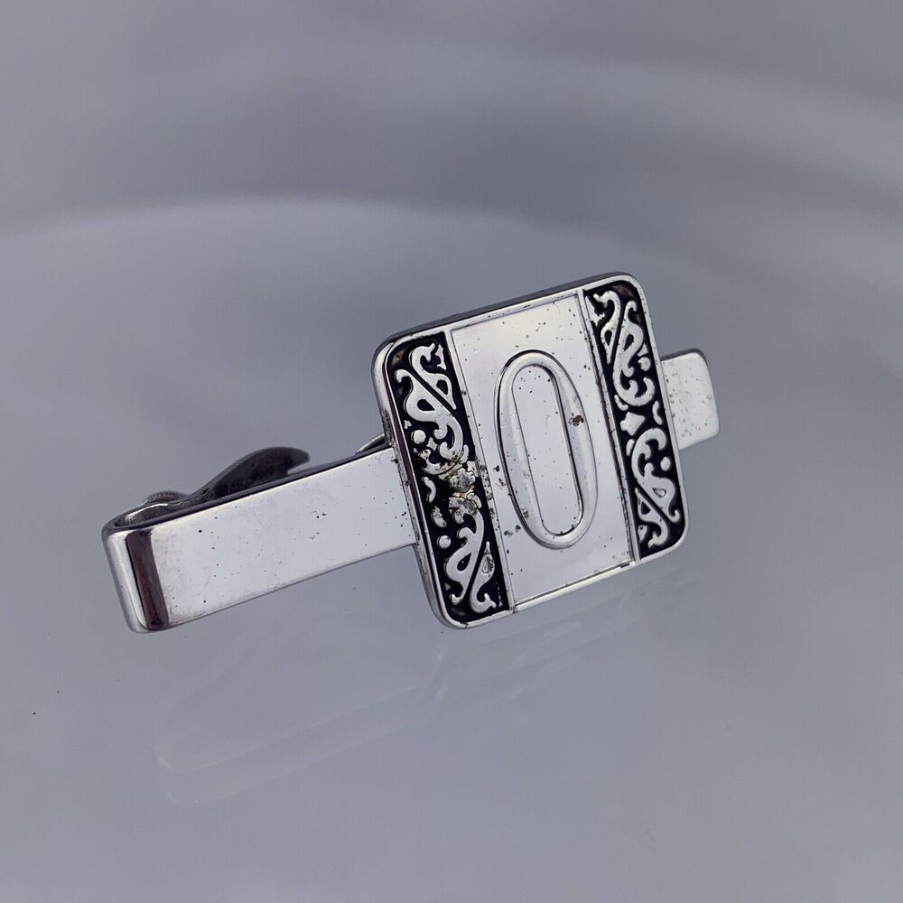 O Initial White Gold Plated Tie Clip Bar Swoops Scrolls Swank Vintage